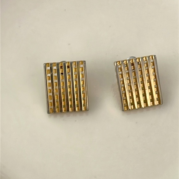 Gold Square Block Striped Earrings Vintage - Picture 2 of 4